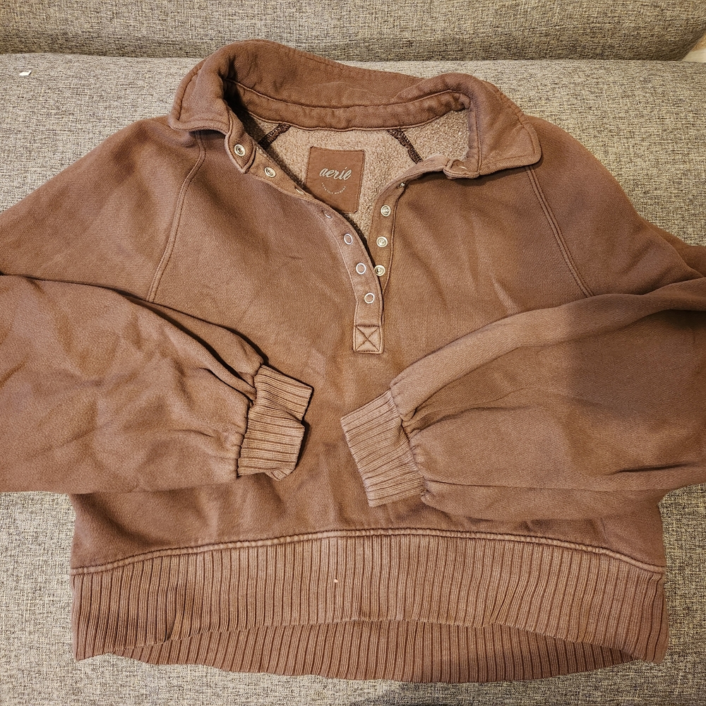 Aerie Brown Buttoned Collar Crewneck